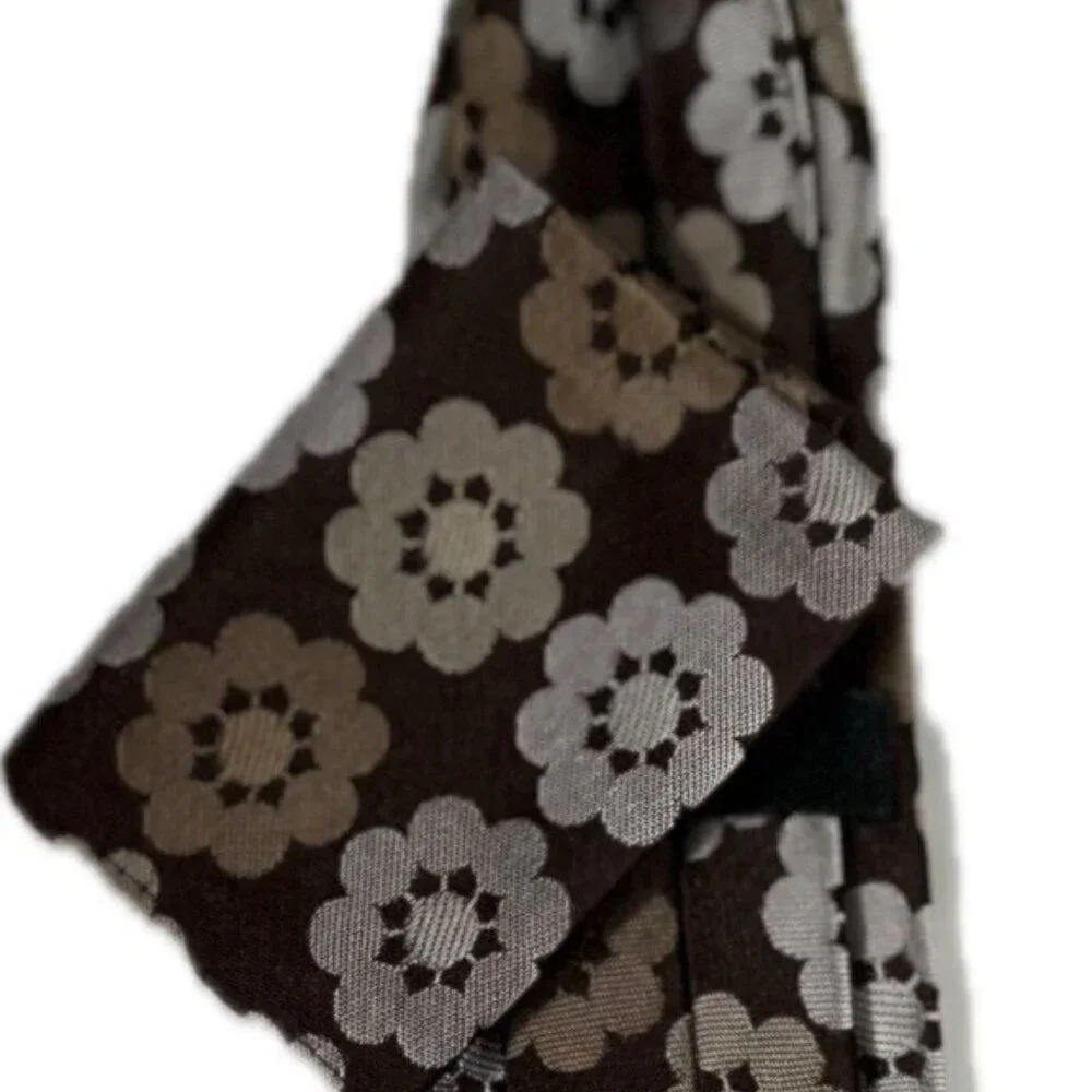 Boy's Clip-on Tie Hanky Brown Silver Floral Pattern Polyester 2.75